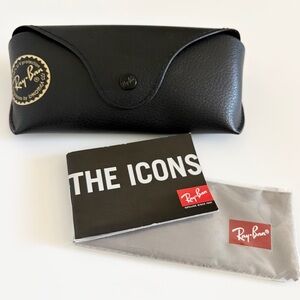 NEW Ray-Ban Black Leather Sunglass Case with Gray Cloth & Icons Booklet